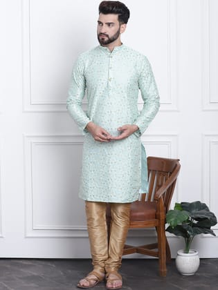 Men's Silk Blend Sea Green Embroidered Kurta & Gold Churidaar Pyjama Set-36