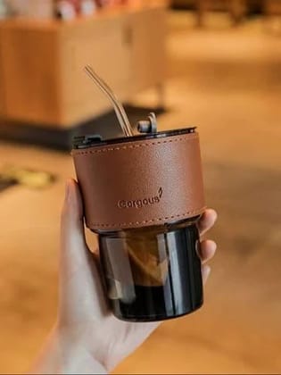 Customized Glass Tumbler Coffee Mug with Lid and Straw Sipper Protective Anti-Slip Leather Sleeve