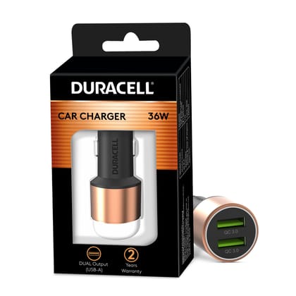Duracell 36W Fast Car Charger Adapter with Dual USB Port. Qualcomm Certified 3.0, Quick Charge. Compatible with iPhone, All Smartphones, Tablets & More - Copper & Black