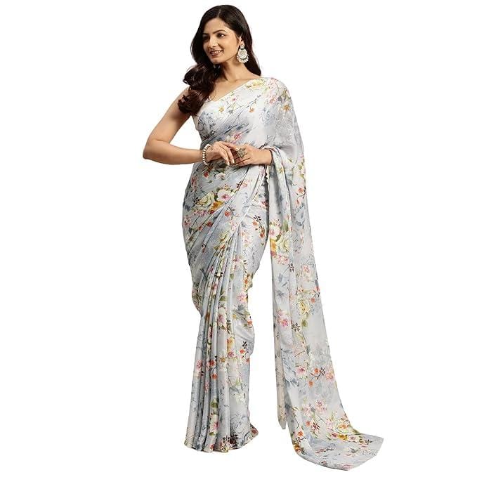 Women's Chiffon Floral Printed Saree without Blouse Piece