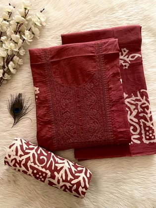 Lakhnavi Thread Work Block Print Batik Dress Material (Unstitched)-Rust
