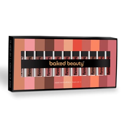 BAKED BEAUTY Mousse Matte Liquid Lipstick Combo Pack of 11 Piece Set | 1.5ml Each | Vitamin E & Shea Butter | Waterproof Transfer-Proof | Non-Drying | All Skin Types | Multicolor Palette BAKED BEAUTY Mousse Matte Liquid Lipstick Combo Pack of 11 Piece Se