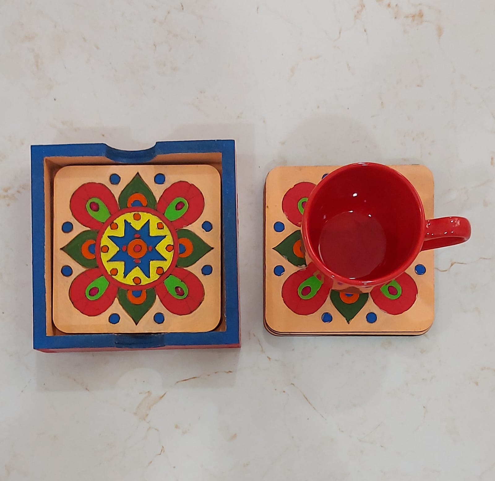 Kalakrishta Handpainted Floral Design Coaster Set of 6 with Holder