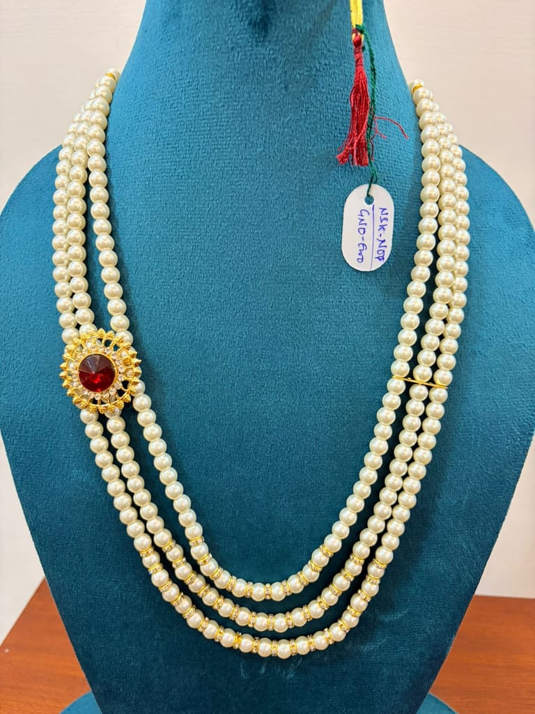 3 line white pearl necklace with red stone for grrom and party waer