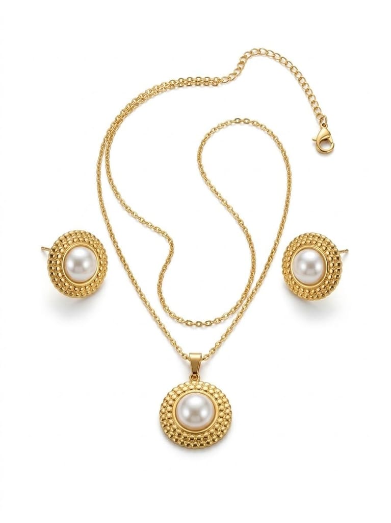 GemGleam Gold Plated Pearl Pendant Set with Earrings for Women | Elegant Designer Jewellery | Anti-Tarnish | Skin-Friendly | Stylish Lightweight Jewellery for Girls (Pearl Halo)