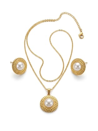 GemGleam Gold Plated Pearl Pendant Set with Earrings for Women | Elegant Designer Jewellery | Anti-Tarnish | Skin-Friendly | Stylish Lightweight Jewellery for Girls (Pearl Halo)