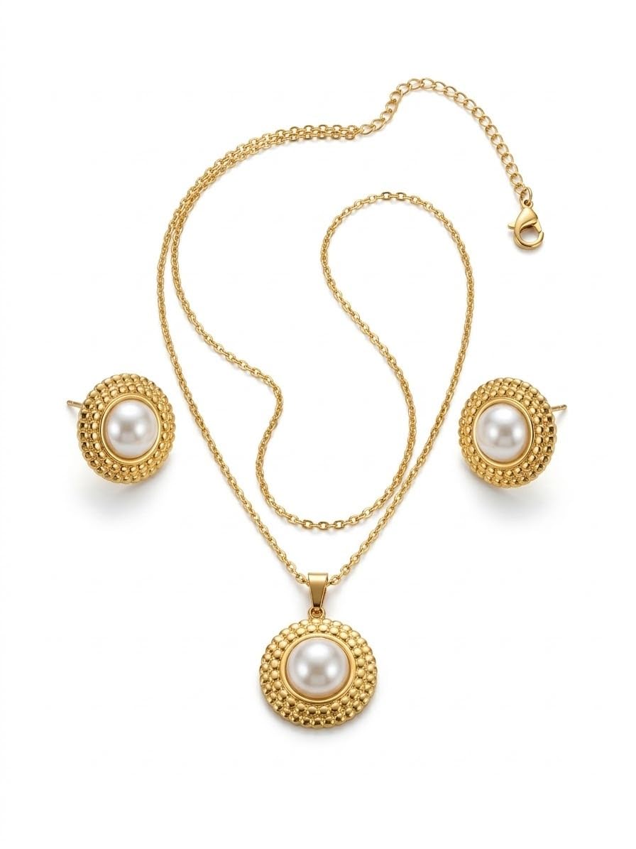 GemGleam Gold Plated Pearl Pendant Set with Earrings for Women | Elegant Designer Jewellery | Anti-Tarnish | Skin-Friendly | Stylish Lightweight Jewellery for Girls (Pearl Halo)