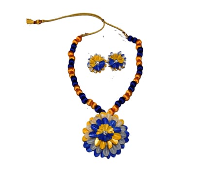 Handmade Necklace with Earrings Set | Blue & Orange | Free size