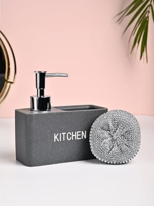 MARKET99 Grey Polyresin Soap Dispenser With Scourer- 130ml