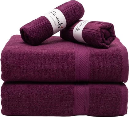 Furnofy Cotton 450 GSM Bath, Hand Towel Set Magenta (Pack Of 4)