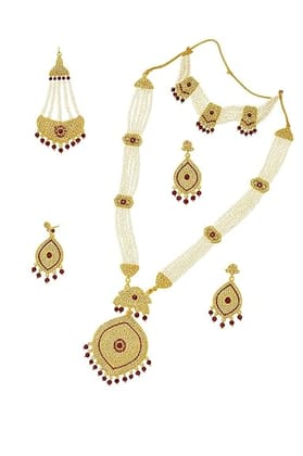 Traditional Gold Plated Pearl Necklace Set with Red Stone, Bridal Jewellery, Includes Earrings, Maang Tikka
