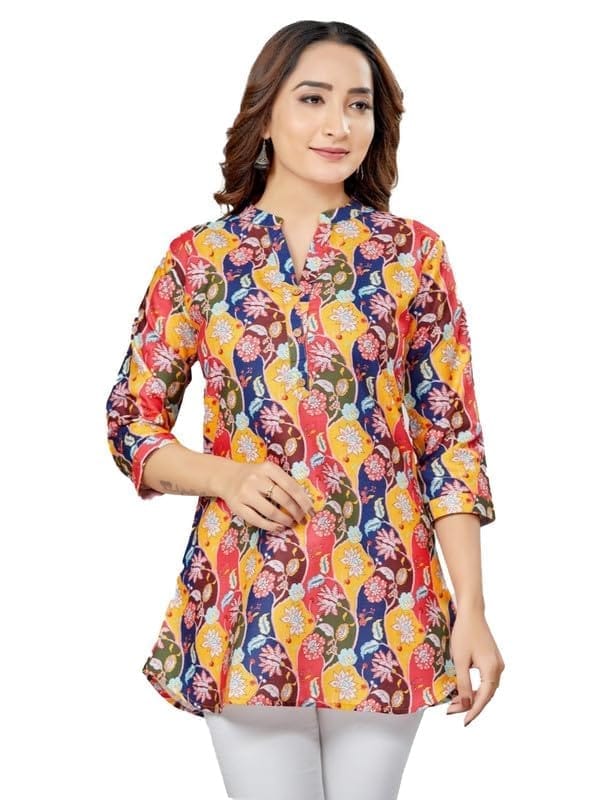Women's Cotton Blend Mandarin Collar 3/4 Sleeves Short Top (Multicolor, 3XL)-PID56241