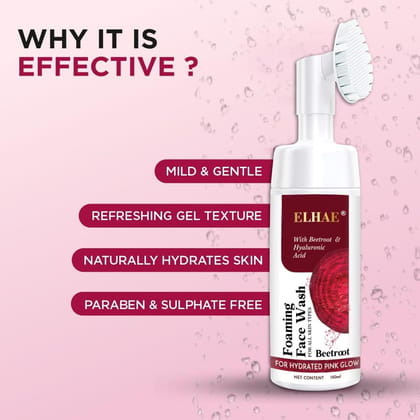 ELHAE Beetroot Gentle Foaming Face Wash with Built In Brush for Deep Cleansing with Hyaluronic Acid for Hydrated Pink Glow - 150ml | Gently Cleanses, Hydrates & Soothes Skin | Safe for All Skin Types