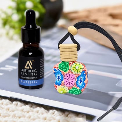 Aesthetic Living Floral Car Aromatizer/ Diffuser Bottle with Essential Oil (Multi Shape Floral-10 ml+ Blueberry Essential Oil, 15 ml)