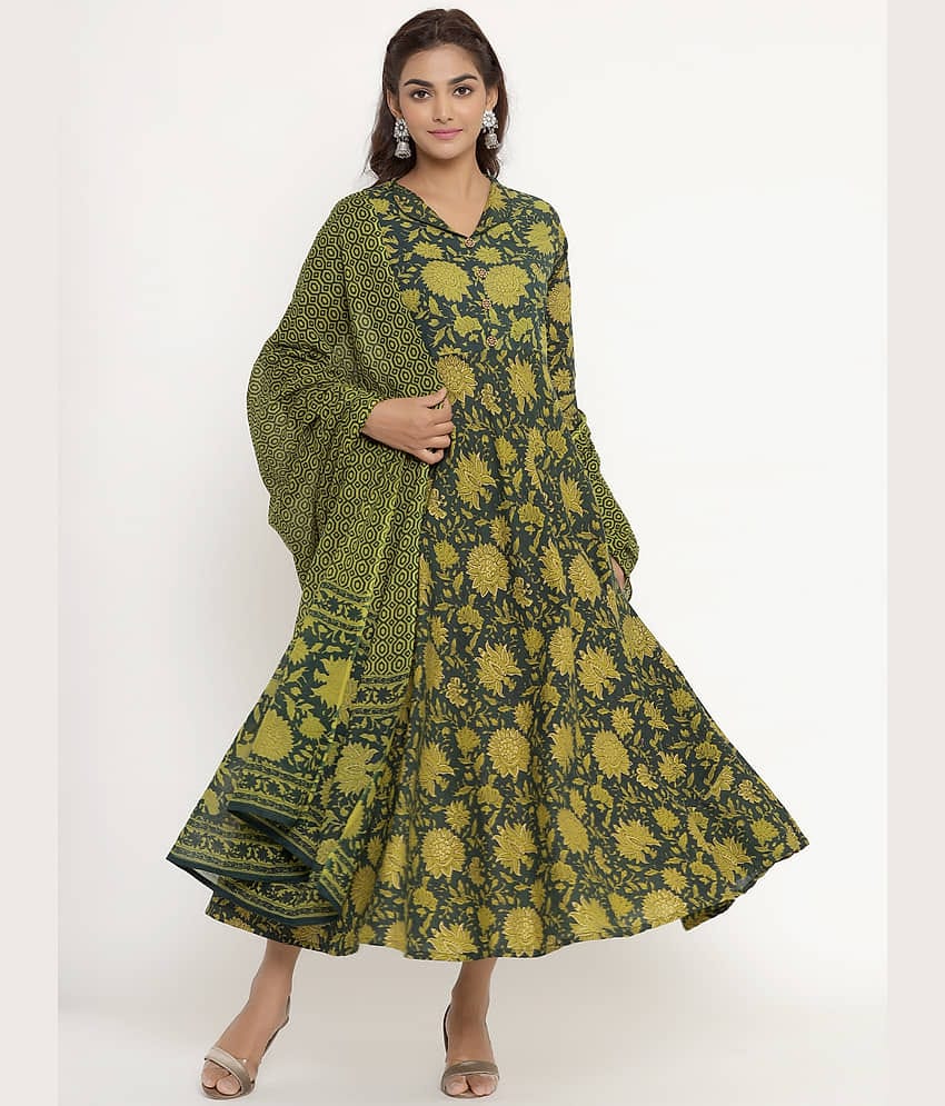 Angiya Green Cotton Anarkali Kurti -