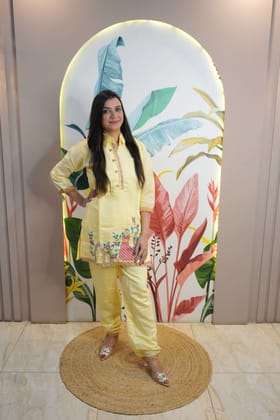 Pastel yellow Colour Thread Work Co-Ord set-L / Pastel Yellow