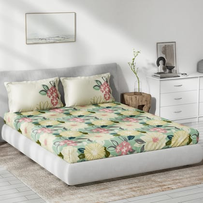 DDECOR - Primary Collection 100% Cotton Floral Pattern 145TC King Bedsheet |229 CM X 274 CM| with 2 Pillow Covers - Green