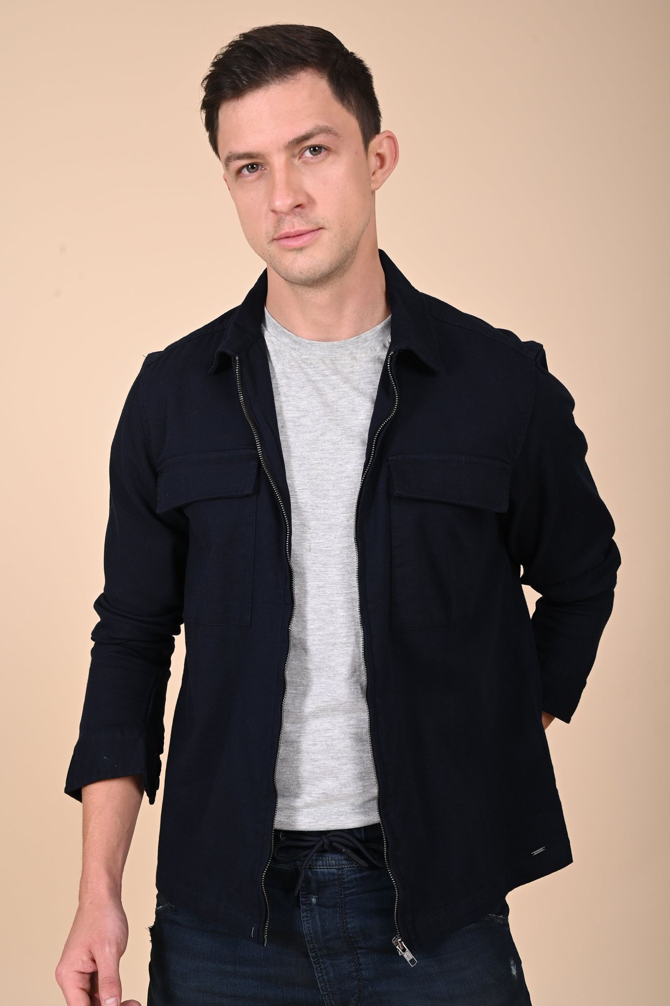 Winnie - Structured Zipper Jacket - Navy-XL-44 / NAVY