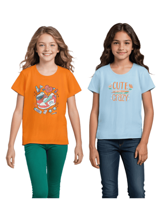 Girls T-Shirt Vibrant Orange / Atomizer Blue, Soft Cotton, Ages 7-14 (2pcs pack)