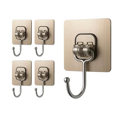 DALUCI Large Adhesive Wall Hook  Heavy Duty Wall Hanger Hooks for Hanging Without Drill | Waterproof, Rustproof Wall Stick Hooks for Kitchen, Bathroom, Home & Office Use (Big Hook Golden, Pack of 5)