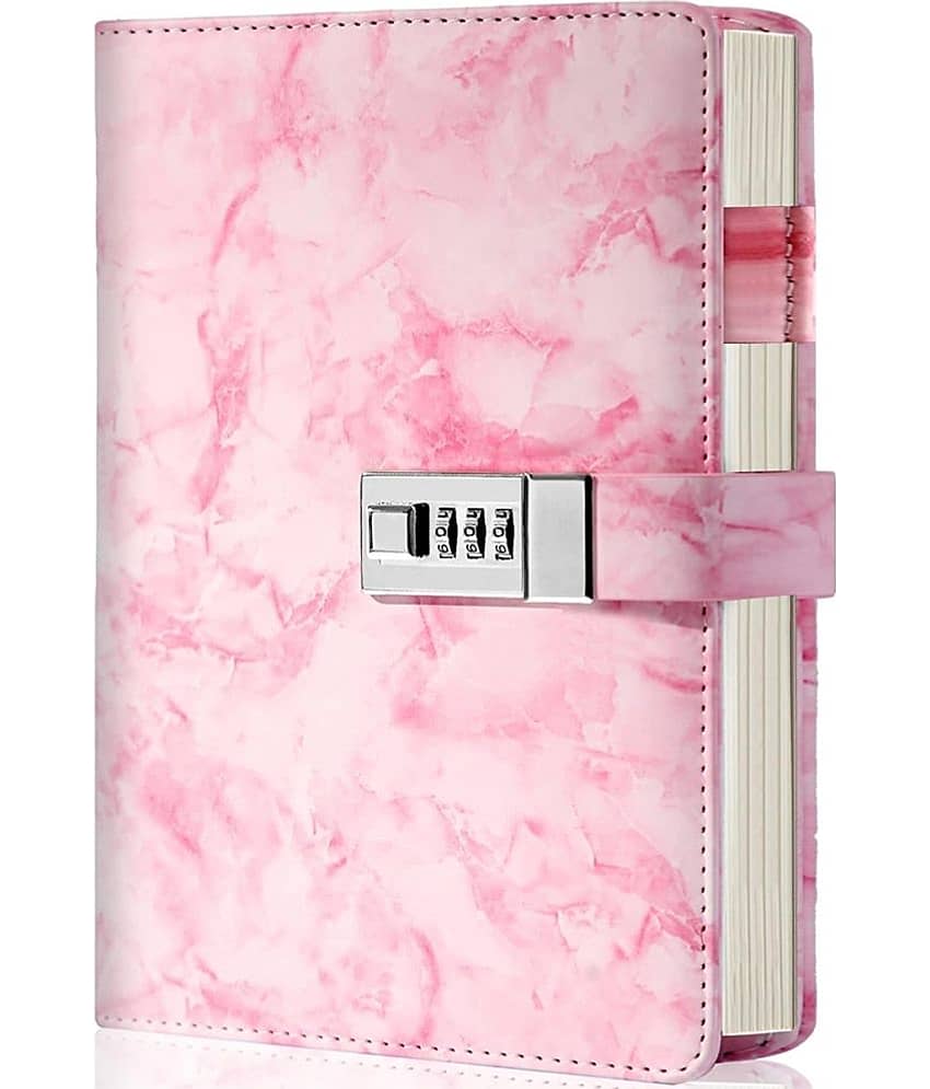 GEEO Marble Diary Journal with Locks for Girls and Women Secret Diaries Journal with Code Lock A5 Marble Notebooks with Combination Lock PU Leather Cover Diary Notebook (Pink)