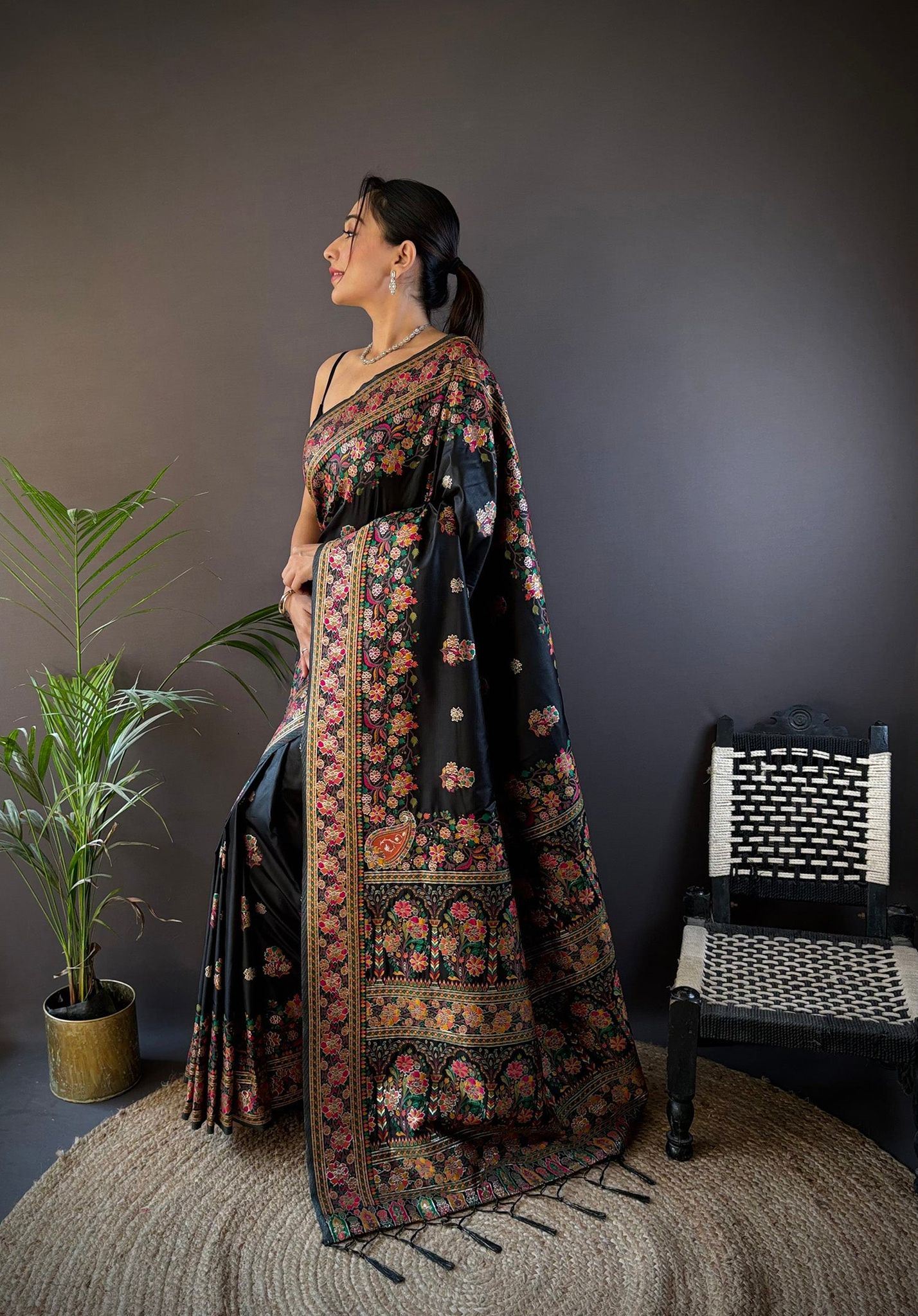 Black Silk Meena Weaving  Pashmina Work Kashmiri Saree
