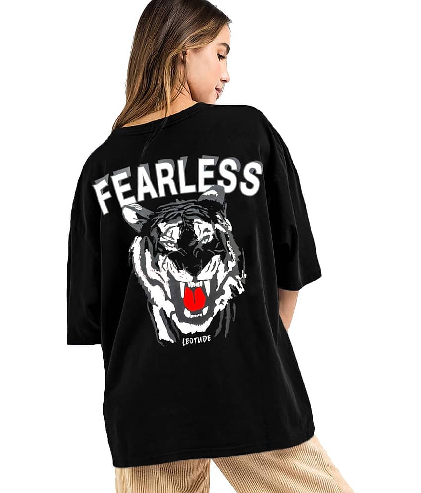 Leotude Women Cotton Blend Printed Oversized Fit Round Neck T-Shirt ( Black )