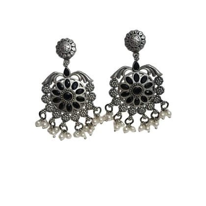 Anvaya Collections Oxidized Silver Floral Earrings with Black Stones and Pearl Drops, Traditional Indian Jewellery