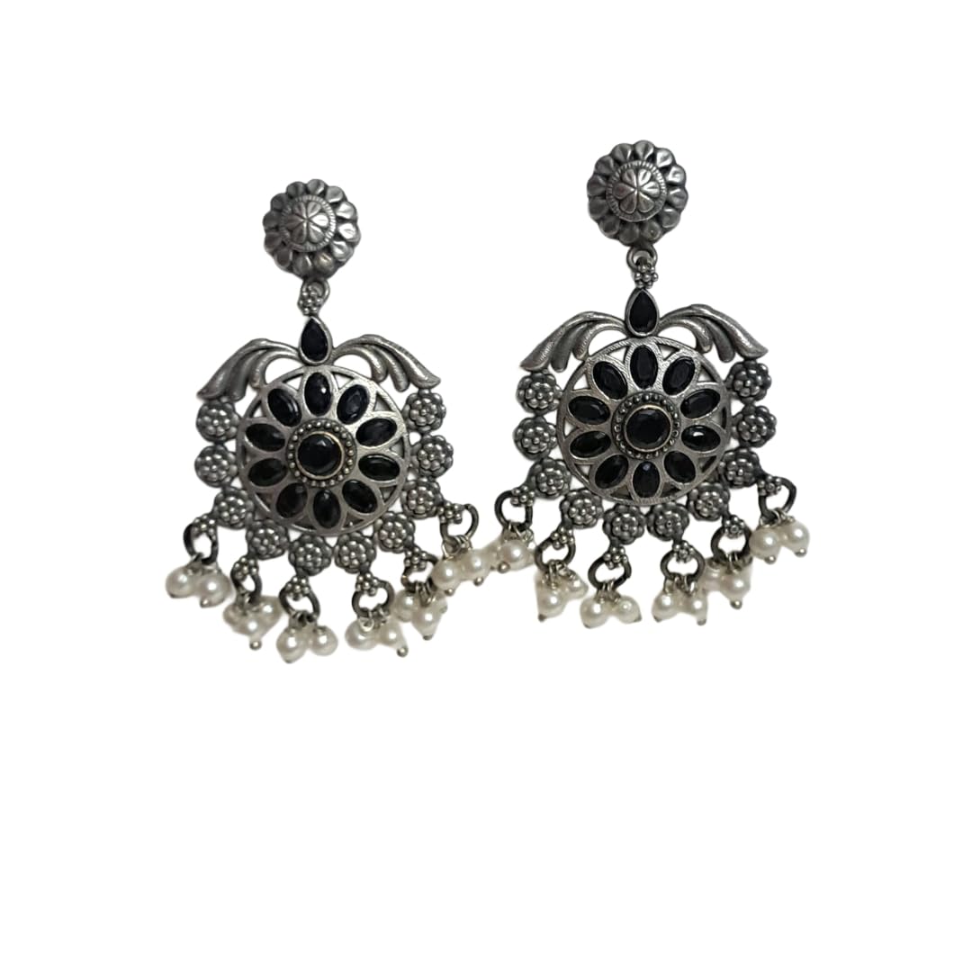 Anvaya Collections Oxidized Silver Floral Earrings with Black Stones and Pearl Drops, Traditional Indian Jewellery