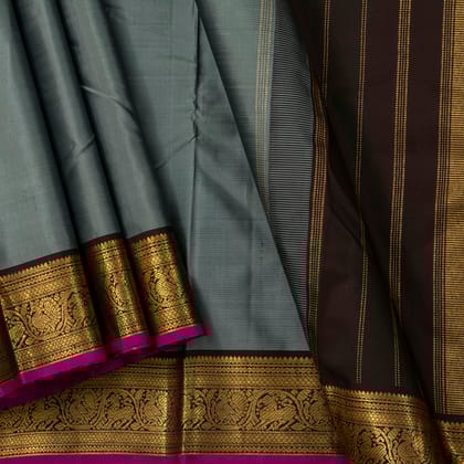 Grey And Brown  Kanchipuram Silk Saree For Festive Wear PV J 1800