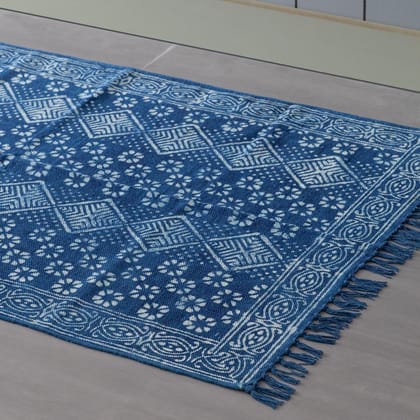 Hand Block Printed Indigo Rug - 5x3-5ft x 3ft / 60inches x 36inches / Indigo / 100% Cotton