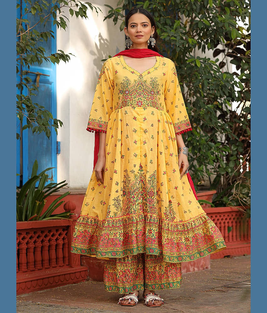 Juniper Women Cotton Printed High Slit Kurti With Palazzo ( Mustard )