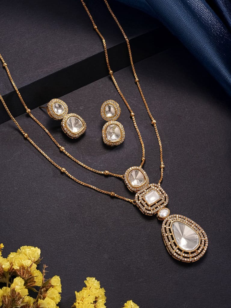Gold Plated White Victorian  Kundan Polki  Studded Festive Minimal Pendant Chain Jewellery Set - Jewellery Sets | Buy online on ZillyBuy