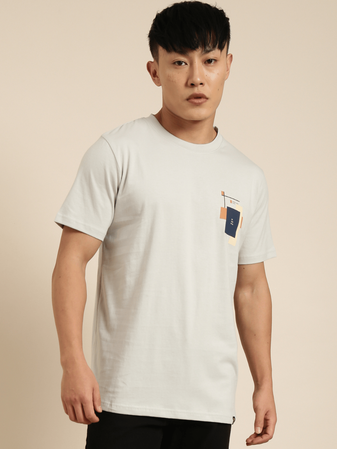 Grey Printed Crew Neck Tshirt-S
