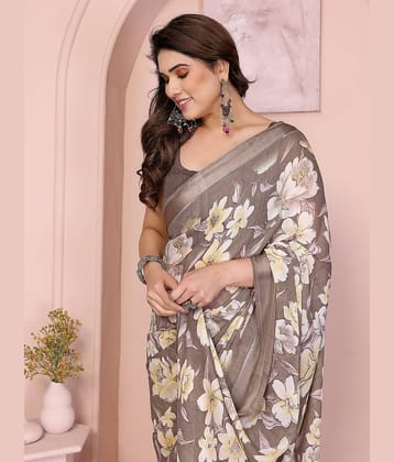 Gazal Fashions Georgette Printed Saree With Unstitched Blouse Piece ( Brown )
