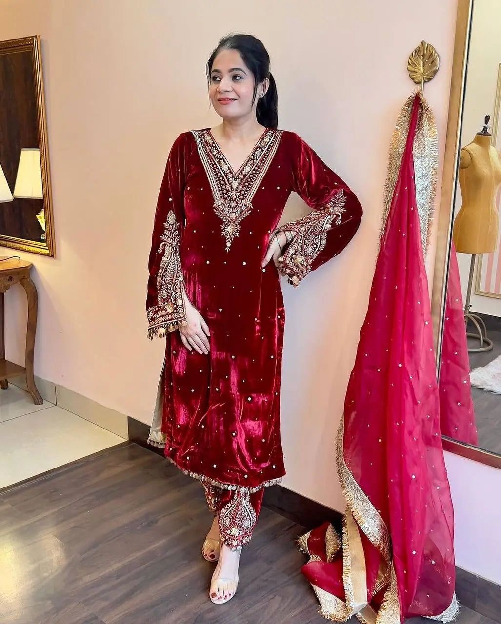 Winter Velvet Embroided Kurti Pant Dupatta Set-Free Size (Alters 38-44) / Maroon