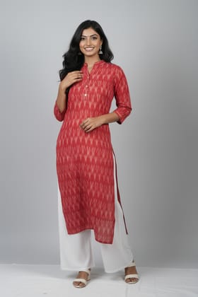 Rivaaj Ethnic Samira Straight Kurta (M) | Handwoven Red Ikkat Cotton | V-Neck Mandarin Collar | Casual Office Wear