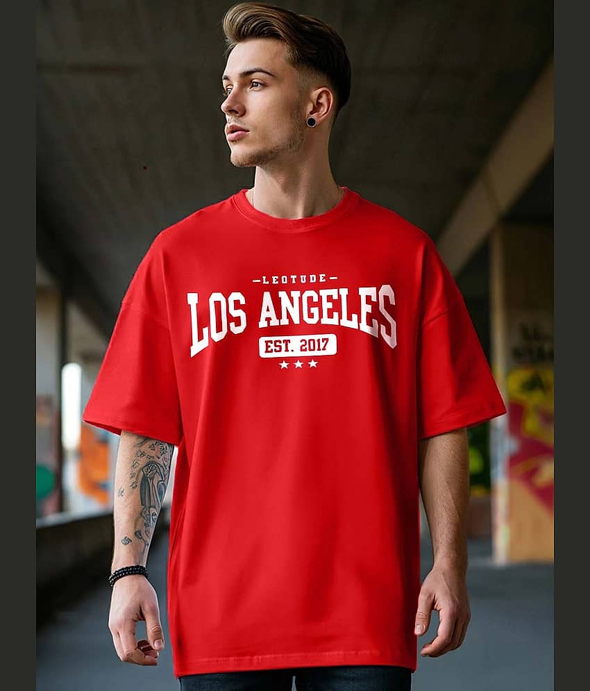 Leotude Men Cotton Blend Oversized Fit Printed T-Shirt ( Red )