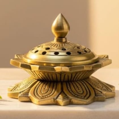 Sukh Sehaj Kamal Dhoop Dani | Lotus Shaped Loban Burner | Incense Burner | Dhoop Batti Stand, Handcrafted, Antique Yellow Finish, 4.9 Inch Length, for Home Temple, Decor, Pooja Ritual and Gifting