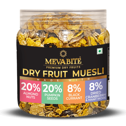MEVABITE Dry Fruit Muesli Mix with Fruits & Nuts, 450G | High in Protein & Fiber | Almonds (20%), Pumpkin Seeds (20%), Black Currant (8%), Dried Cranberry (8%) & Many More