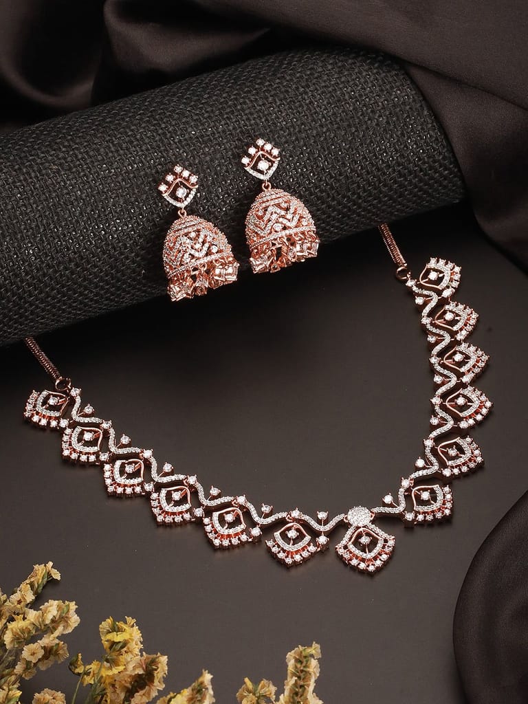Rose Gold AD Studded Statement Designer With Classic Jhumka Earrings Necklace Jewellery Set - Jewellery Sets | Buy online on ZillyBuy