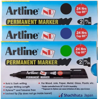 Artline ND Permanent Marker Pack of 10 (Black, Blue, Green Colours) | For Writing On Various Surfaces Such As Paper, Cardboard, Plastic, Metal, Glass, & More
