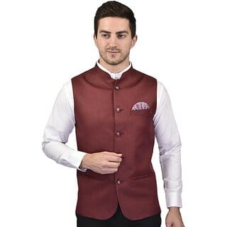PrintCulture Men Self Design Brown Cotton Blend Nehru Jacket