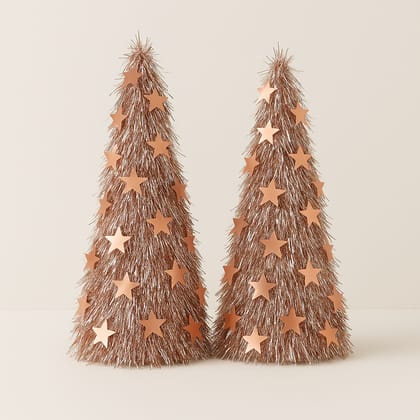 Set of 2 Rose-Gold Star Tinsel Christmas Cones – 55 cm Height, Set of 2 Rose-Gold Star Tinsel Christmas Cones – 55 cm Height,
