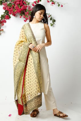 Set of 3: The Artful Yellow Kota Dupatta matched with The Charming Off White Kota Kurta and Pant-S