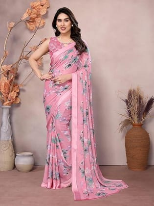 Women's Moss Silk Floral Printed Saree With Weaving Satin Patta Border & Blouse