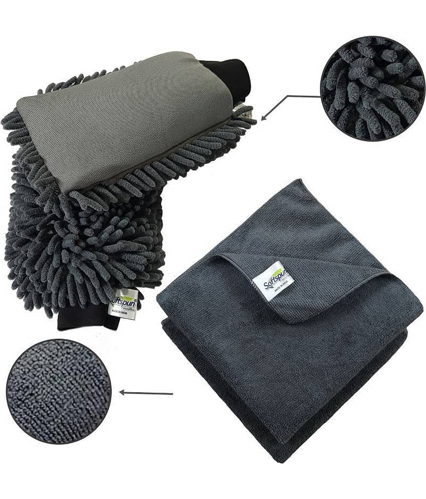 SOFTSPUN Microfiber Chenille & Single-Side Gloves 1700 GSM  with Towel 340 GSM, 4 Piece, Grey, Multi-Purpose Super Absorbent and Perfect Wash Clean with Lint-Scratch Free Car, Dusting!