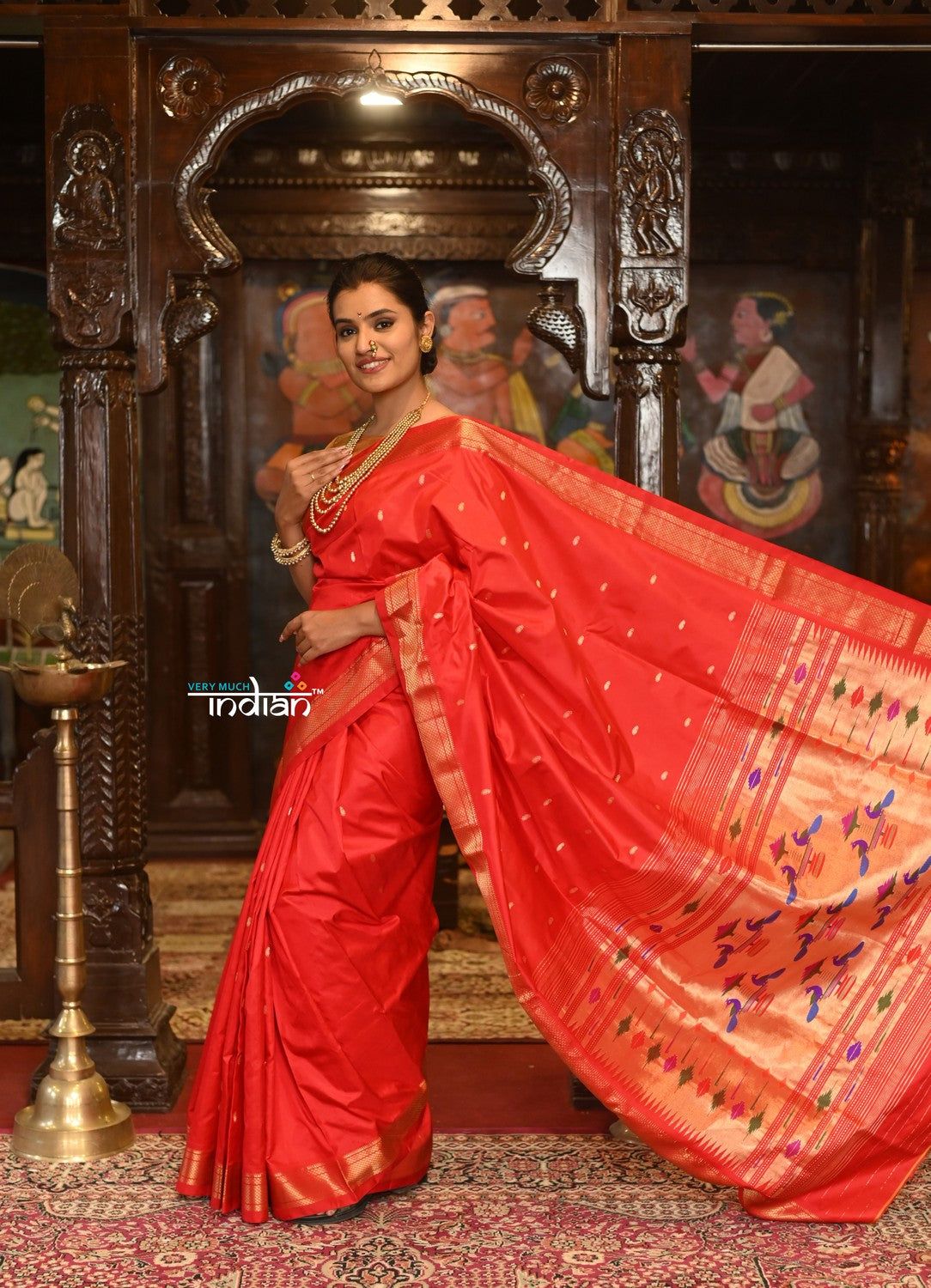 Authentic High Quality Pure Silk Paithani With Most Traditional Double Pallu~ Red Shade (By Government Certified Weavers)