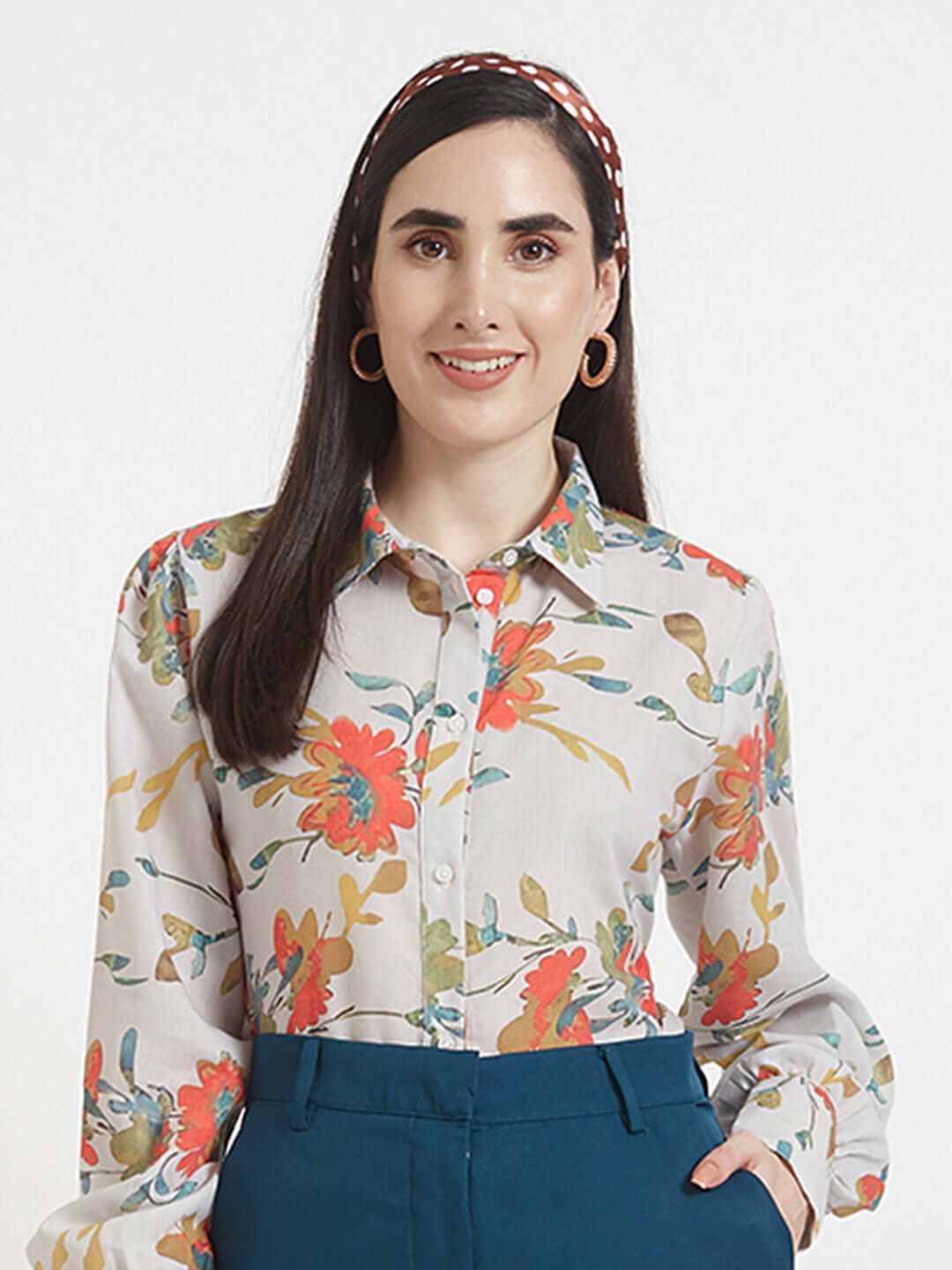 Luxury Cambric Digital Print Puff Sleeve Shirt-L