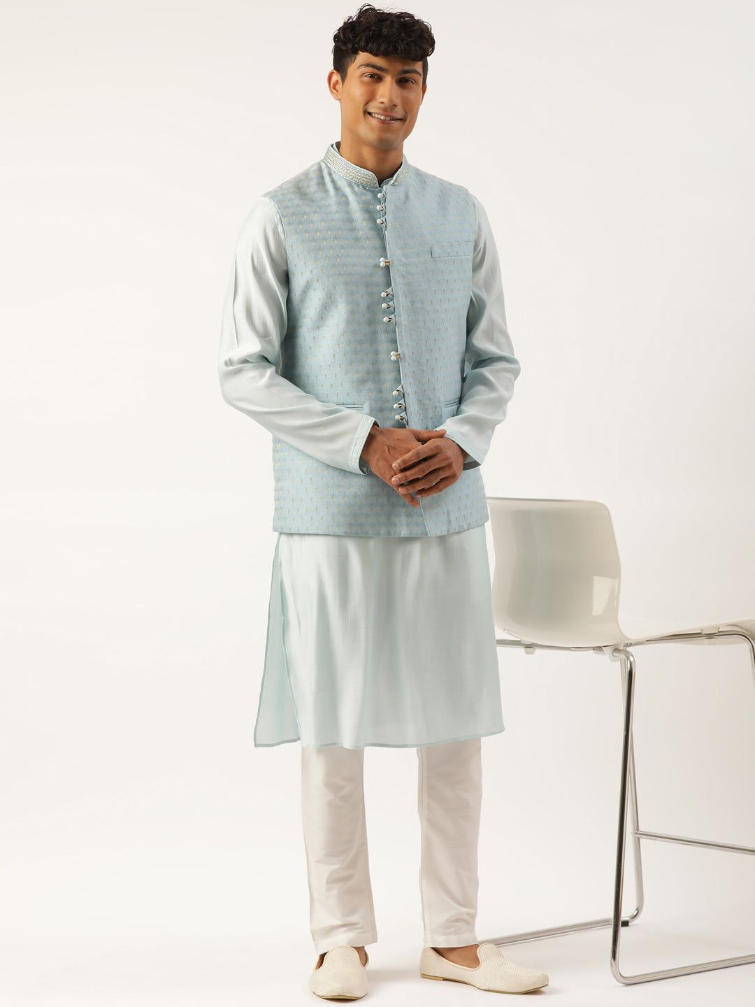 Light Blue Banarasi Jacquard Jacket-S/38